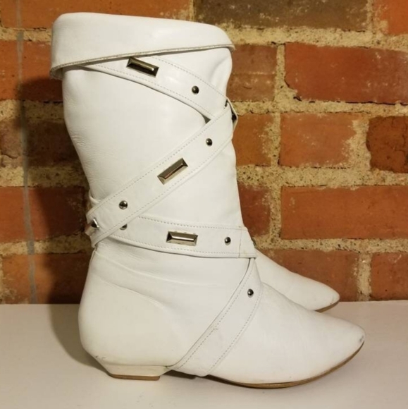 VINTAGE WHITE LEATHER BOOTS PUNK STUDDED STRAPPY SIZE 7/8 BIKER BABE ROCKER SEXY - Picture 5 of 11